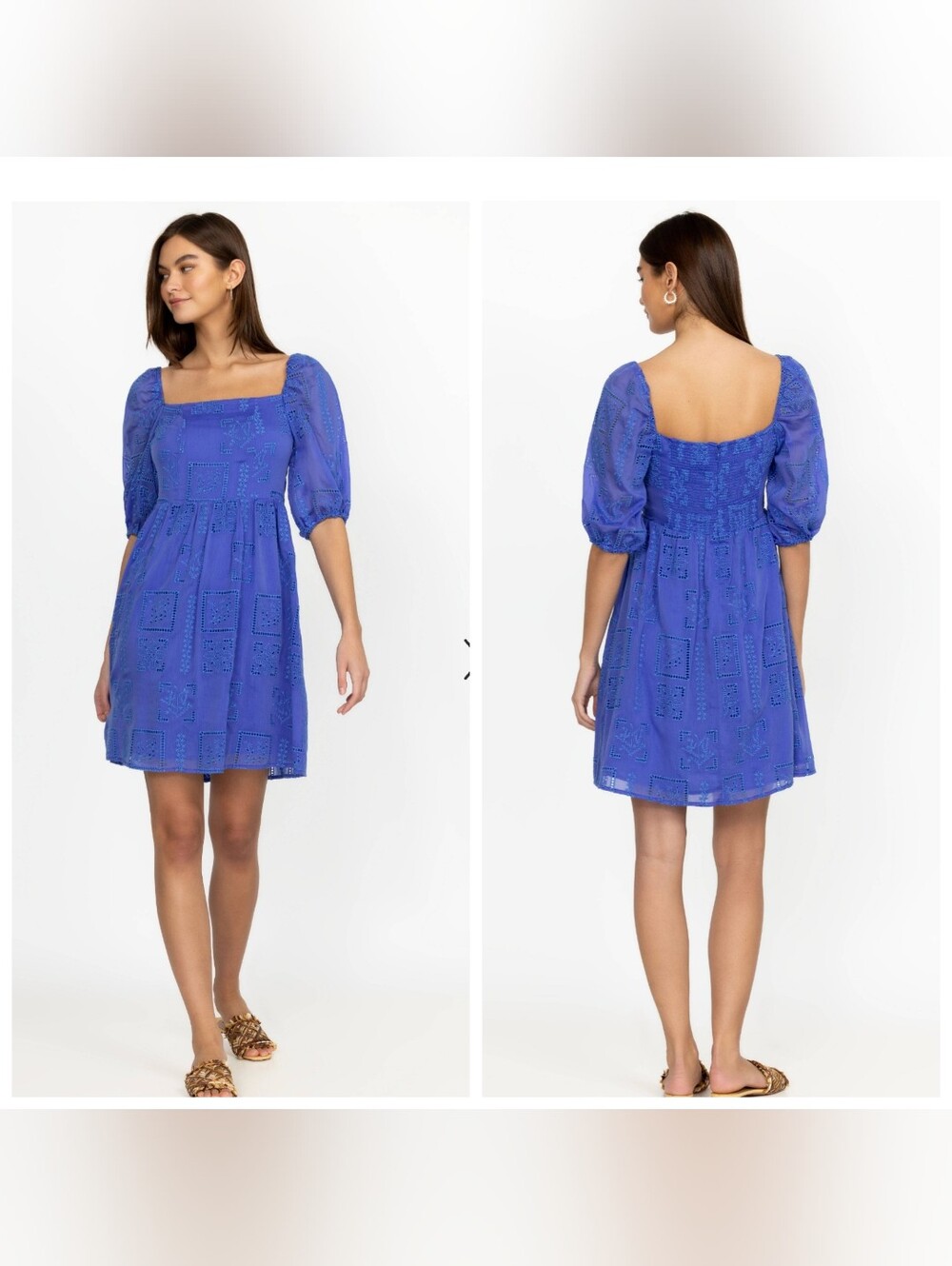 Johnny‎ Was Jade Ella Mini Dress L Blue Embroidered Cotton Silk Square Neck Boho